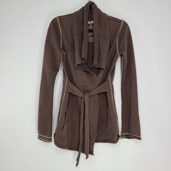Lucky Brand Open-Front Cardigan Pockets Tie Front Brown Distressed Size X-Small - Picture 2 of 9